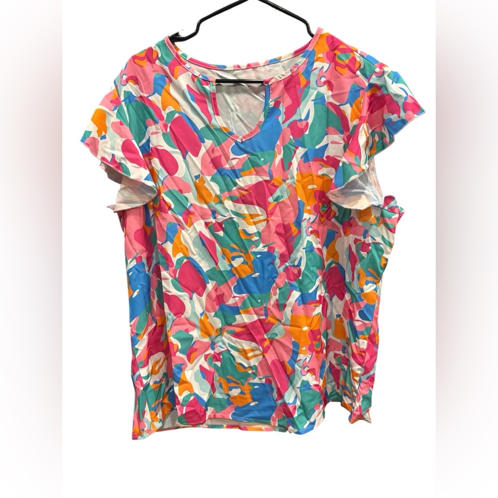 Women’s Multicolor Abstract Print Ruffle Sleeve Top